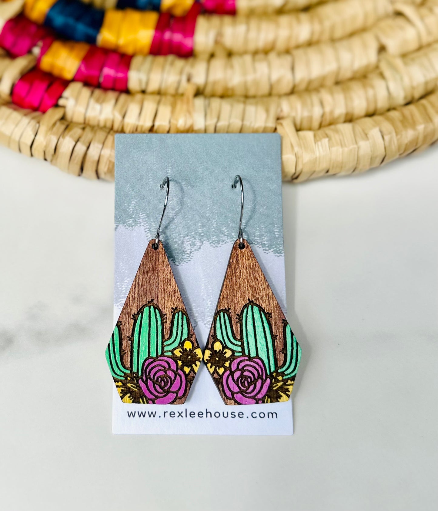Hand Painted Floral Cactus Wood Earrings
