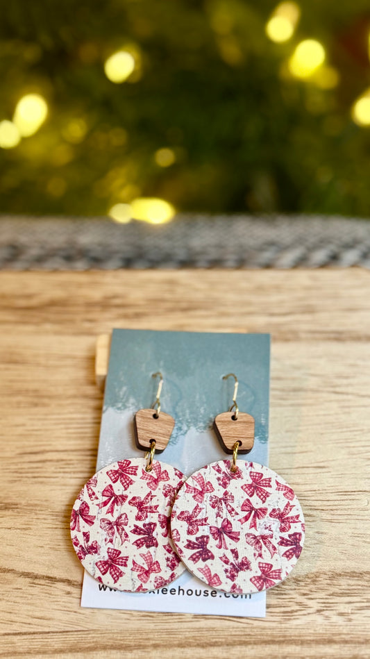 Red Bows - Medium Circles Leather Earrings