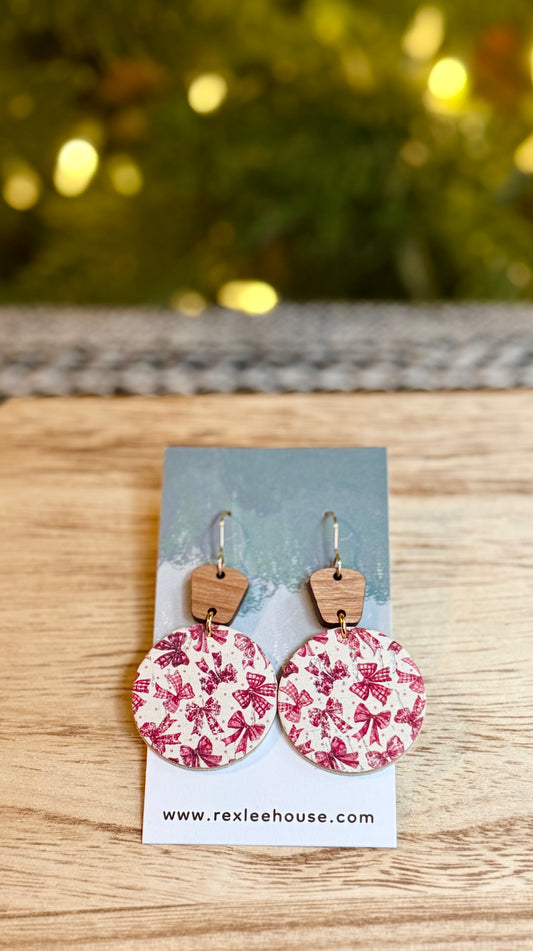 Red Bows - Small Circles Leather Earrings
