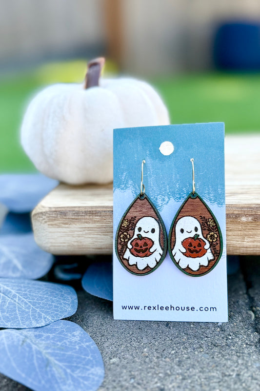 Pumpkin Ghost - Painted Wood Earrings