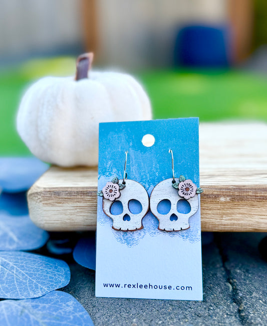Floral Skulls - Painted Wood Earrings