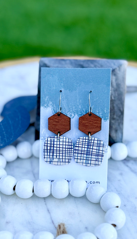 Navy Lines  - Leather and Wood Earrings