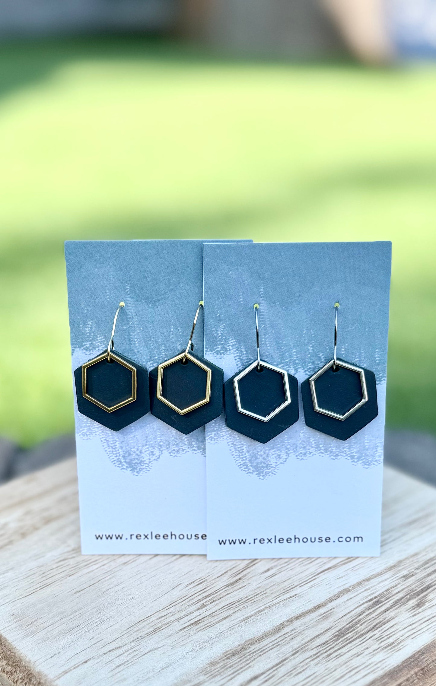 Peacock & Gold Hex - Leather Earrings